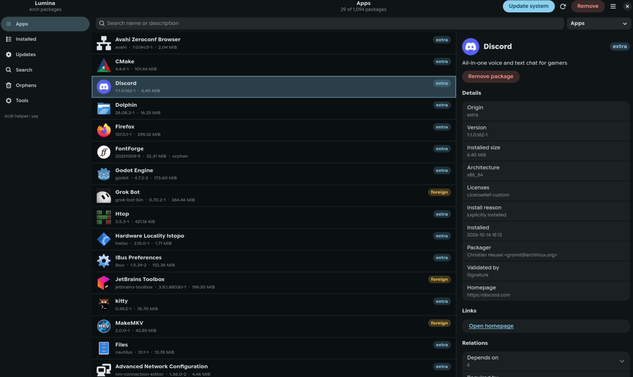 Lumina installed packages, with origin badges and a details panel