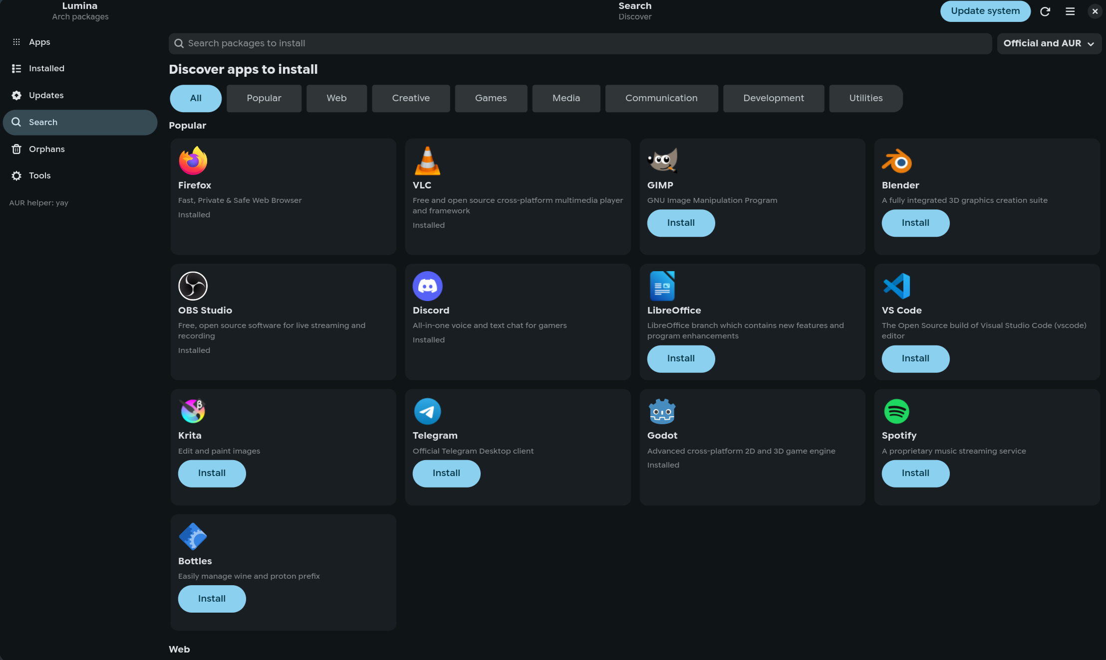 Discover page listing apps from the official repos and the AUR