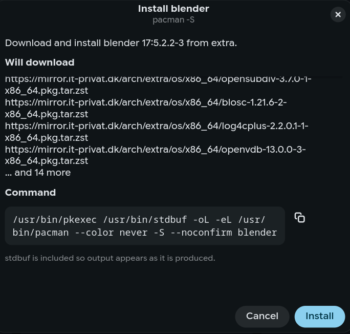 Install dialog showing the command before it runs