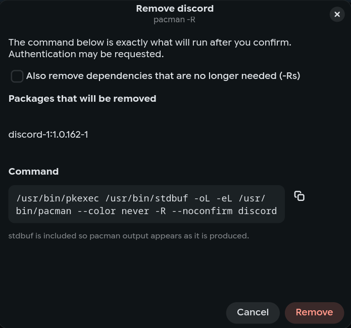 Remove dialog showing the command before it runs