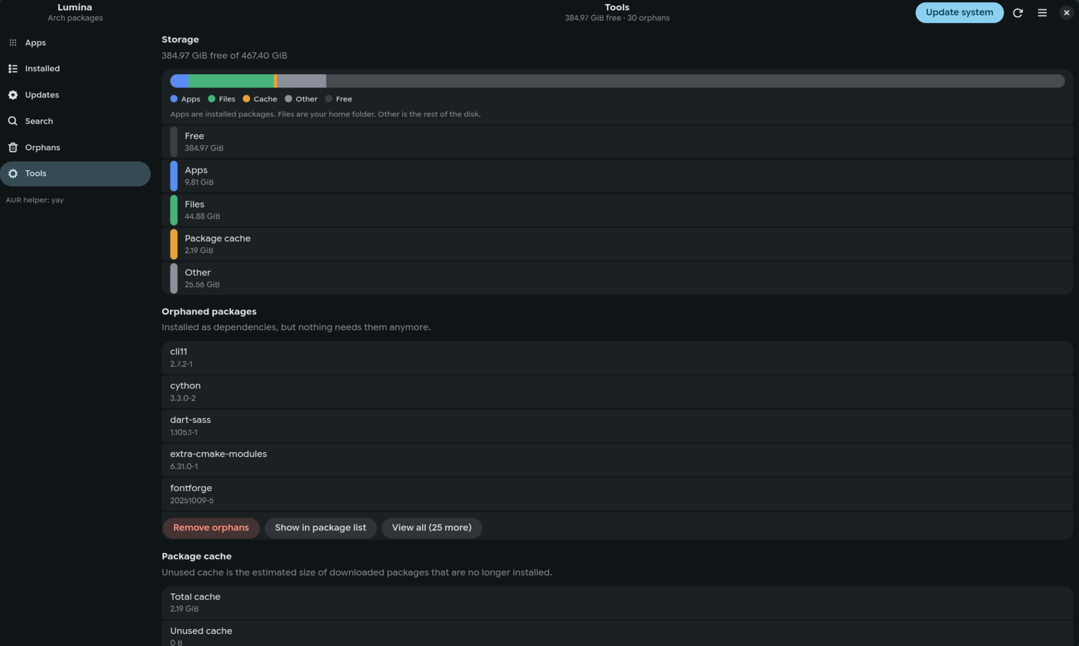 Tools page with storage, orphans, and cache